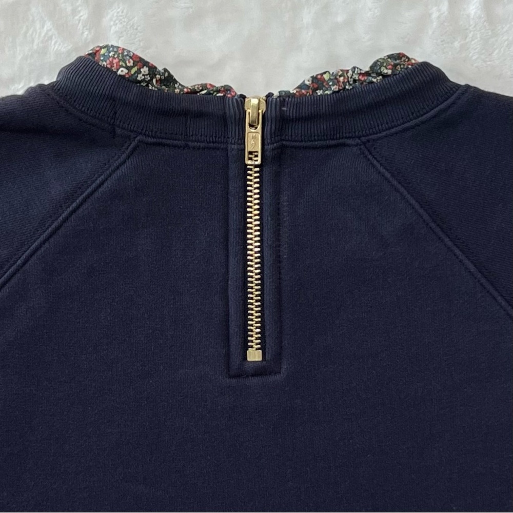 J. Crew Woven Ruffleneck Pullover Sweatshirt Floral Trim Gold Zip Navy Small - Picture 12 of 17
